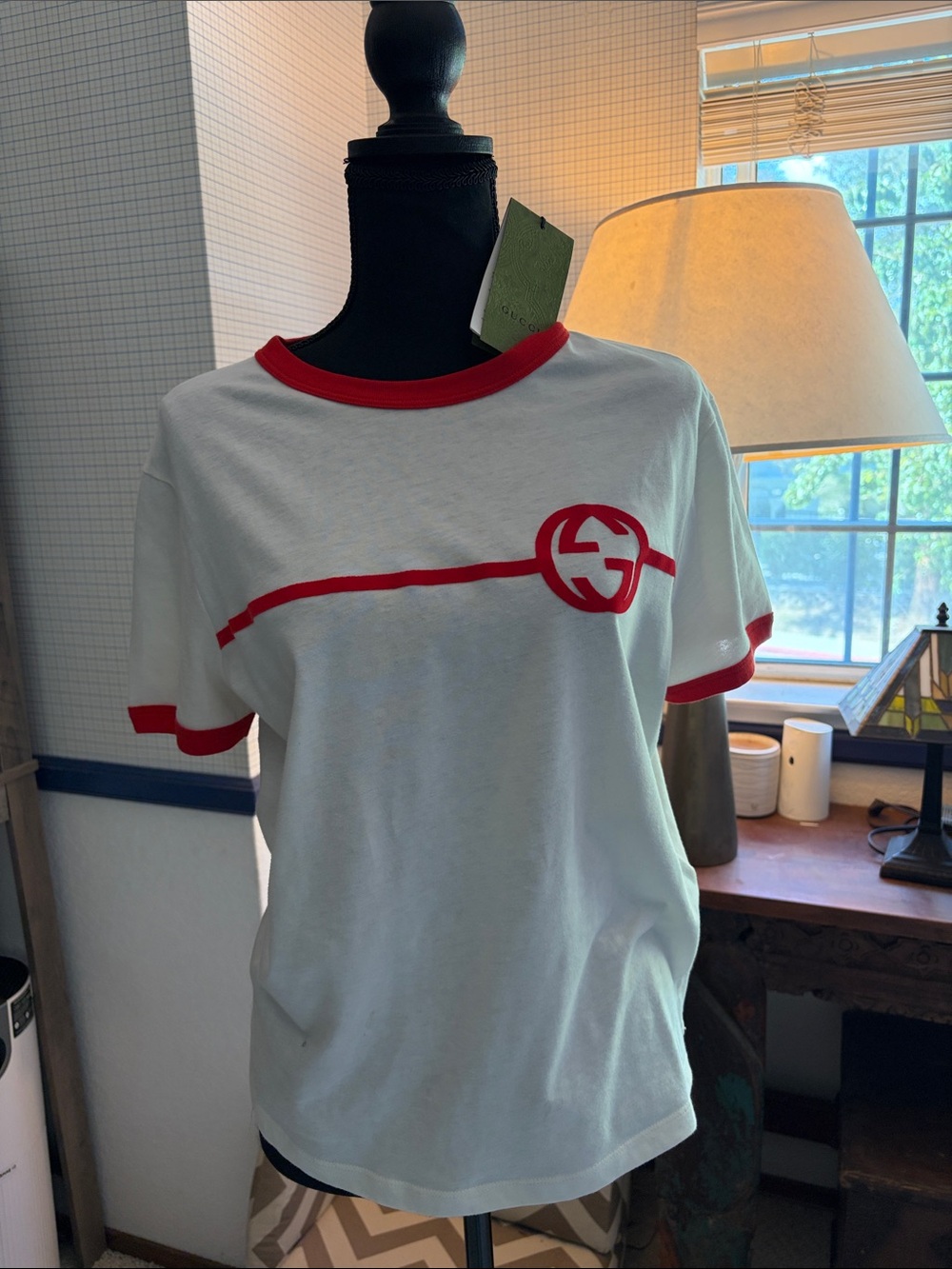 Gucci Women’s White Tee with Red Logo Stripe